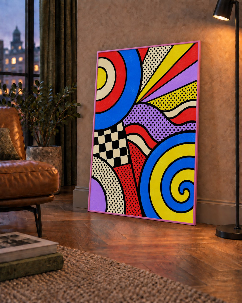 Pop Art Geometrik Desen Poster – Canlı Renkli Modern Duvar Sanatı — çerçeveli hâliyle bir ev duvarında