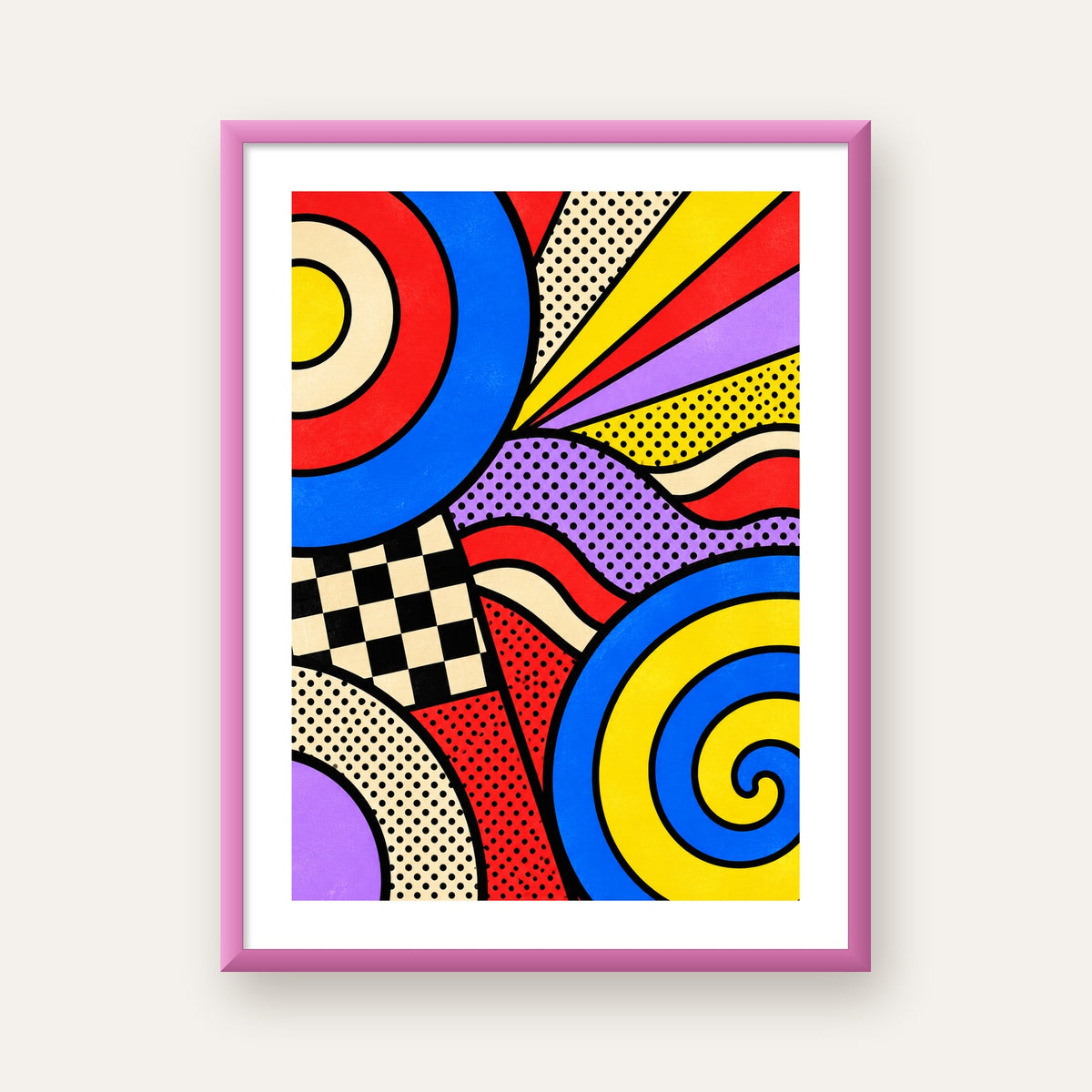 Pop Art Geometrik Desen Poster – Canlı Renkli Modern Duvar Sanatı — pembe çerçeveli paspartulu