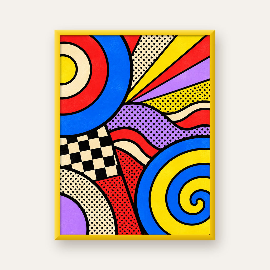 Pop Art Geometrik Desen Poster – Canlı Renkli Modern Duvar Sanatı — sarı çerçeveli