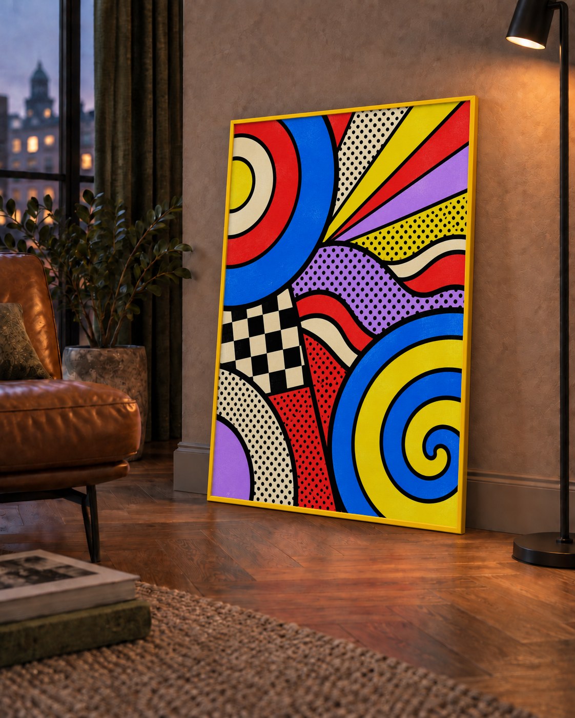 Pop Art Geometrik Desen Poster – Canlı Renkli Modern Duvar Sanatı — çerçeveli hâliyle bir ev duvarında