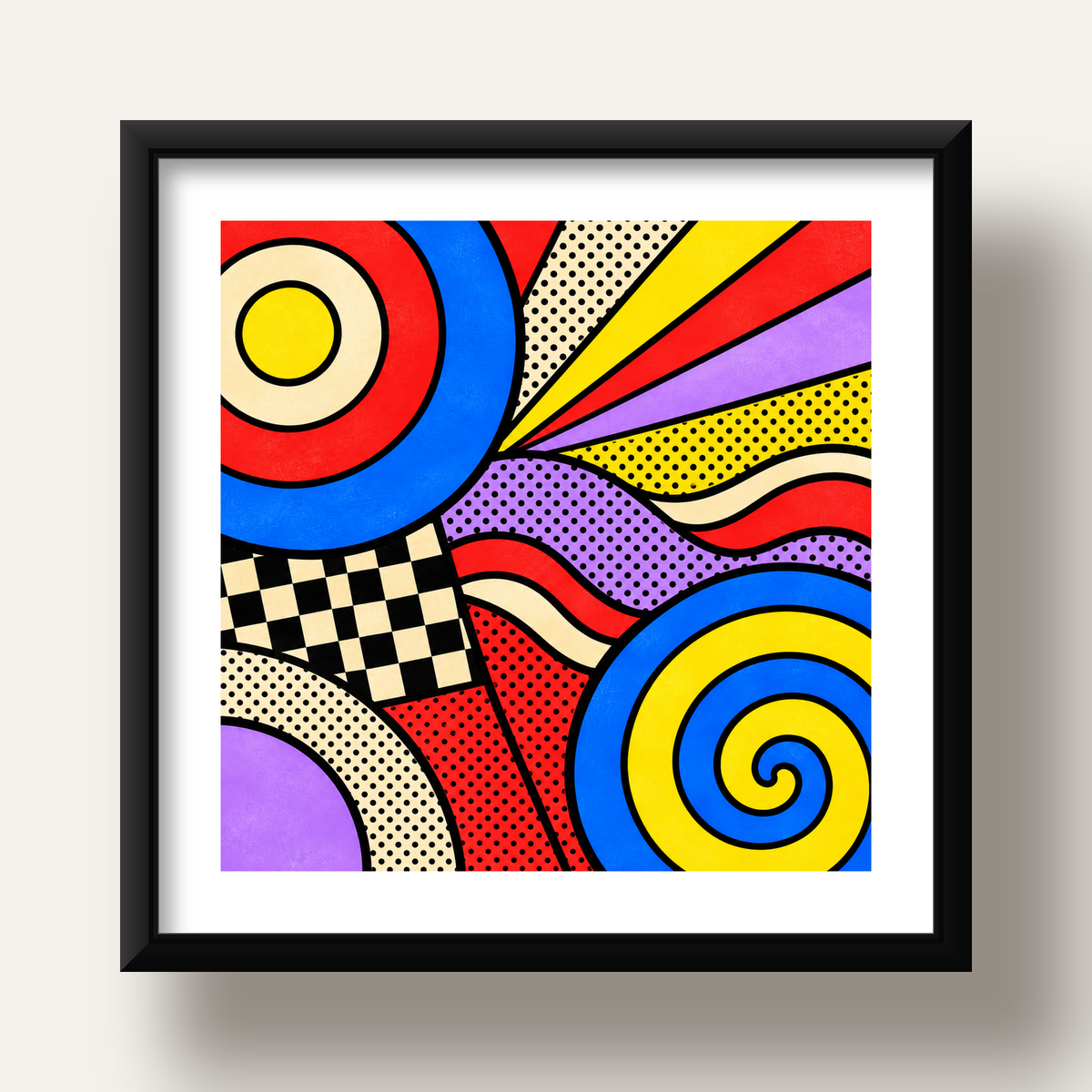 Pop Art Geometrik Desen Poster – Canlı Renkli Modern Duvar Sanatı — siyah derin çerçeveli paspartulu