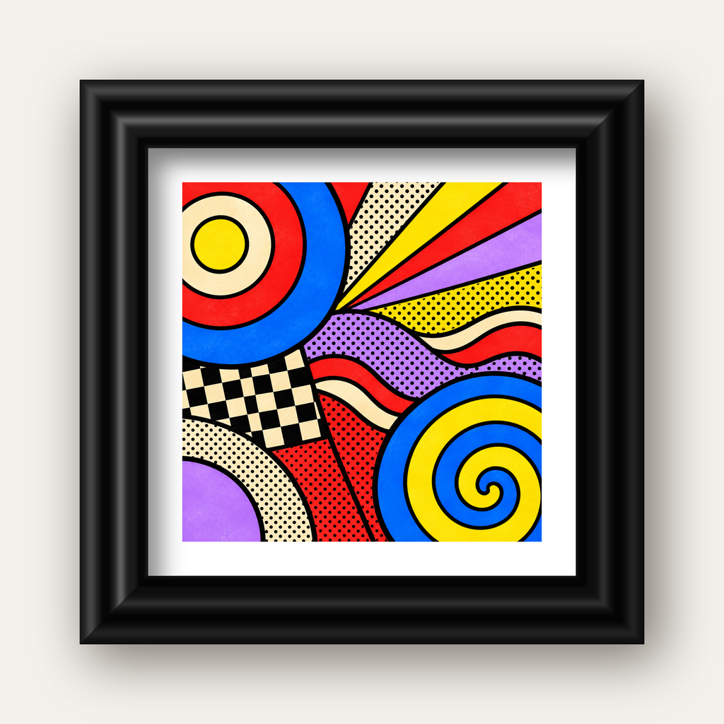 Pop Art Geometrik Desen Poster – Canlı Renkli Modern Duvar Sanatı — siyah galeri çerçeveli paspartulu