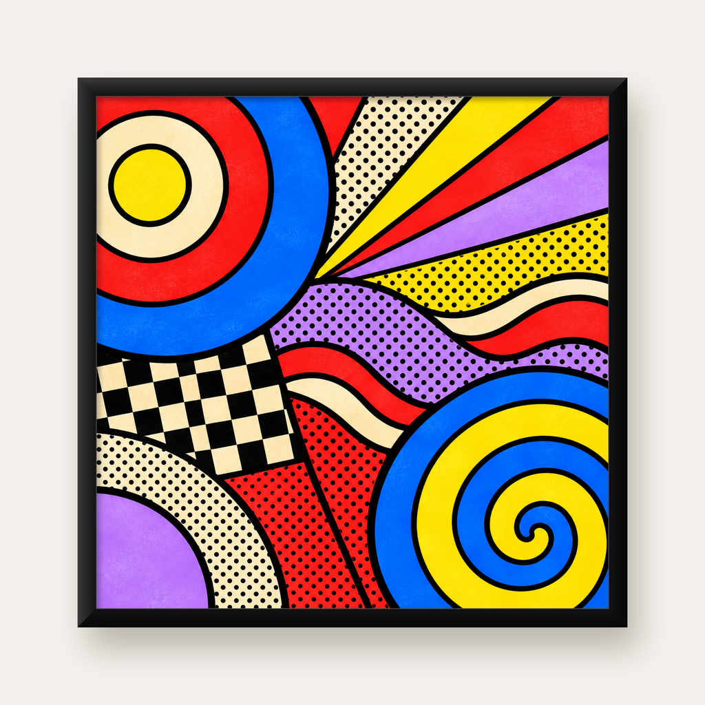 Pop Art Geometrik Desen Poster – Canlı Renkli Modern Duvar Sanatı — Kare baskı, düz siyah çerçeveli duvar posteri