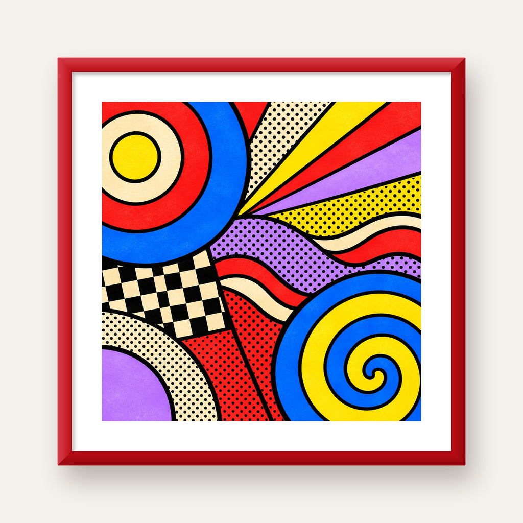 Pop Art Geometrik Desen Poster – Canlı Renkli Modern Duvar Sanatı — kırmızı çerçeveli paspartulu