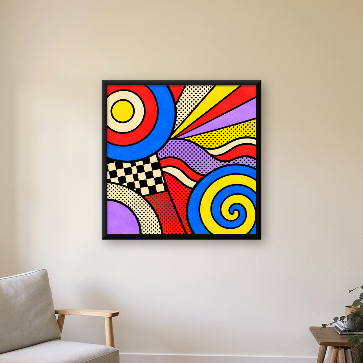 Pop Art Geometrik Desen Poster – Canlı Renkli Modern Duvar Sanatı — Kare baskı, çerçeveli hâliyle bir ev duvarında