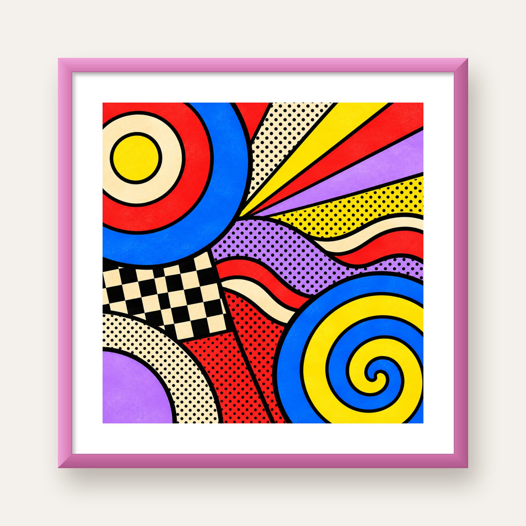 Pop Art Geometrik Desen Poster – Canlı Renkli Modern Duvar Sanatı — pembe çerçeveli paspartulu