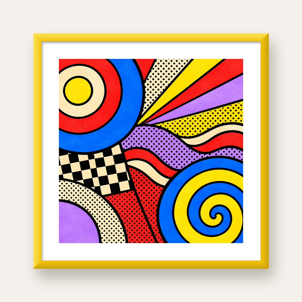 Pop Art Geometrik Desen Poster – Canlı Renkli Modern Duvar Sanatı — sarı çerçeveli paspartulu
