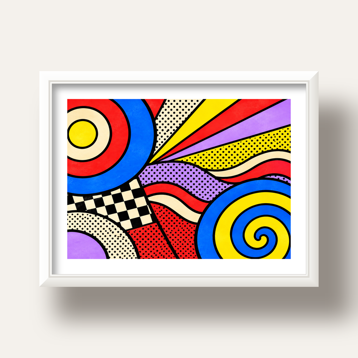 Pop Art Geometrik Desen Poster – Canlı Renkli Modern Duvar Sanatı — beyaz derin çerçeveli paspartulu