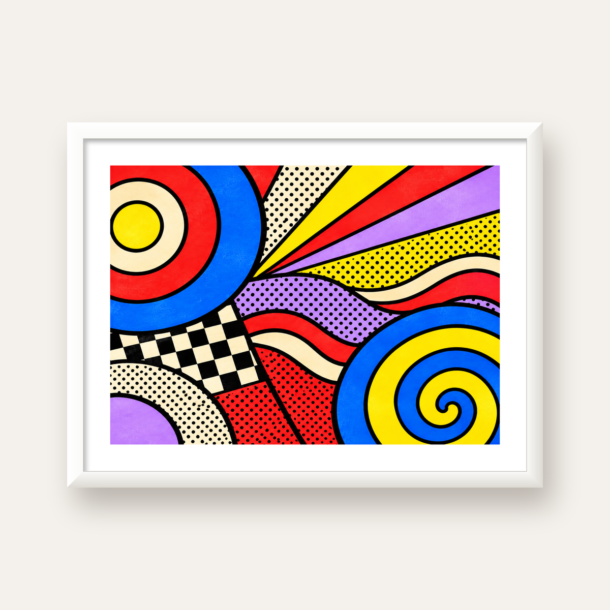 Pop Art Geometrik Desen Poster – Canlı Renkli Modern Duvar Sanatı — beyaz çerçeveli yatay poster