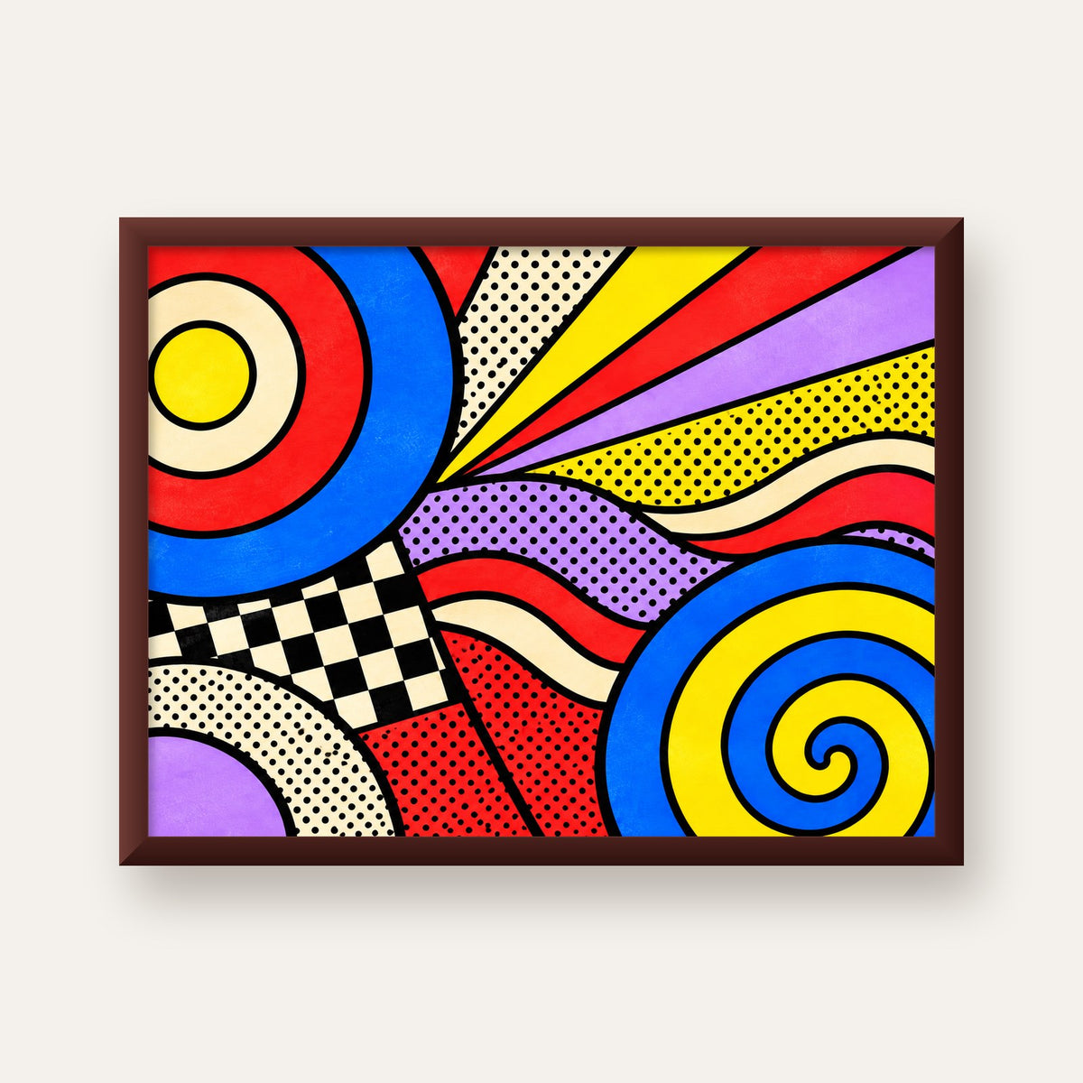 Pop Art Geometrik Desen Poster – Canlı Renkli Modern Duvar Sanatı — ceviz çerçeveli