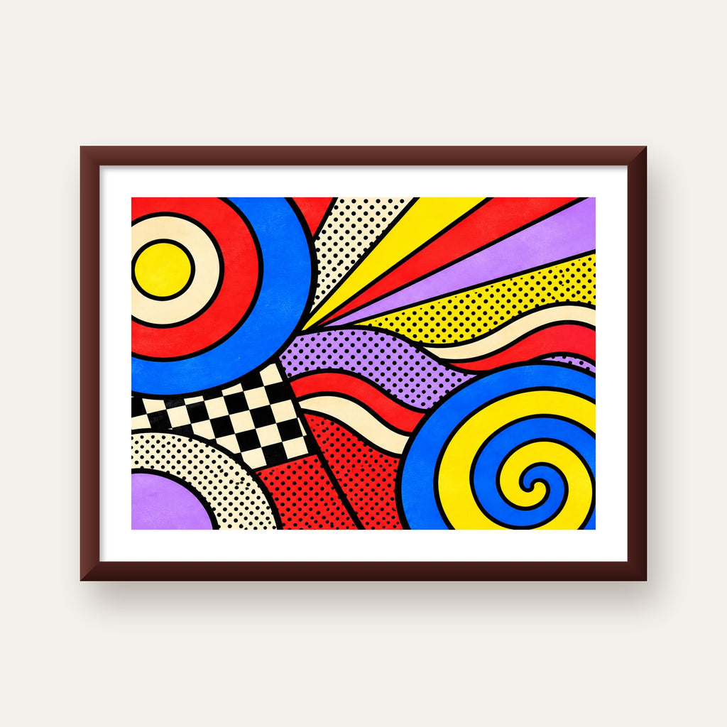 Pop Art Geometrik Desen Poster – Canlı Renkli Modern Duvar Sanatı — ceviz çerçeveli paspartulu