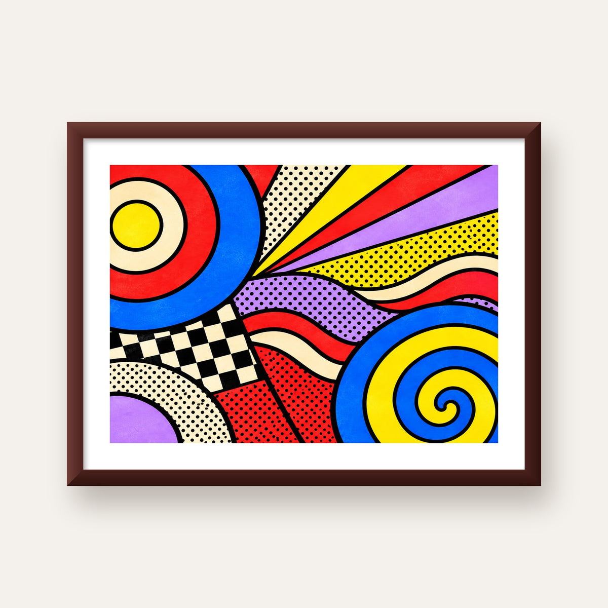 Pop Art Geometrik Desen Poster – Canlı Renkli Modern Duvar Sanatı — ceviz çerçeveli paspartulu