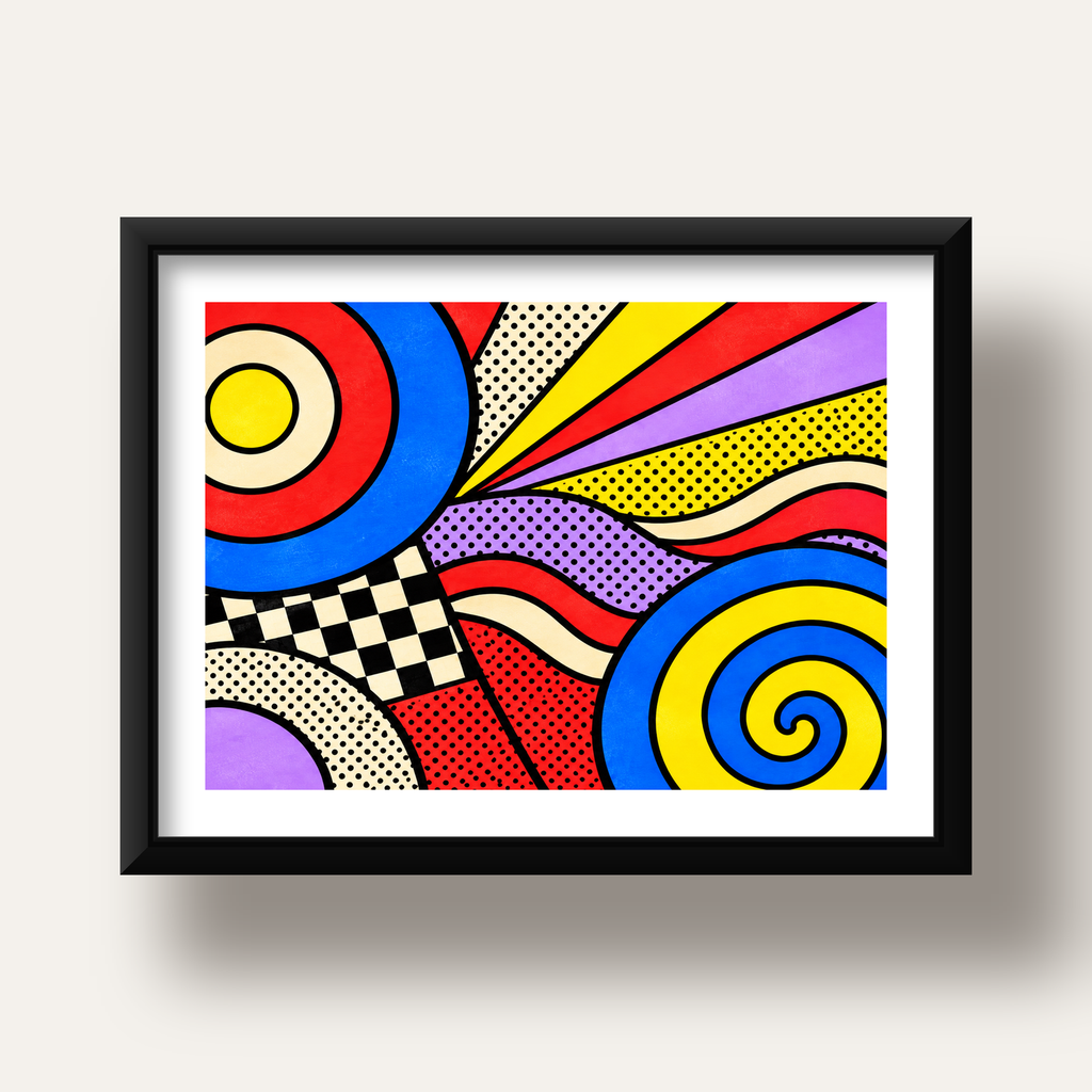 Pop Art Geometrik Desen Poster – Canlı Renkli Modern Duvar Sanatı — siyah derin çerçeveli paspartulu
