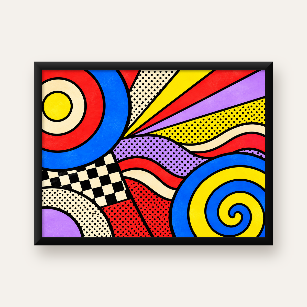 Pop Art Geometrik Desen Poster – Canlı Renkli Modern Duvar Sanatı — Yatay baskı, düz siyah çerçeveli duvar posteri