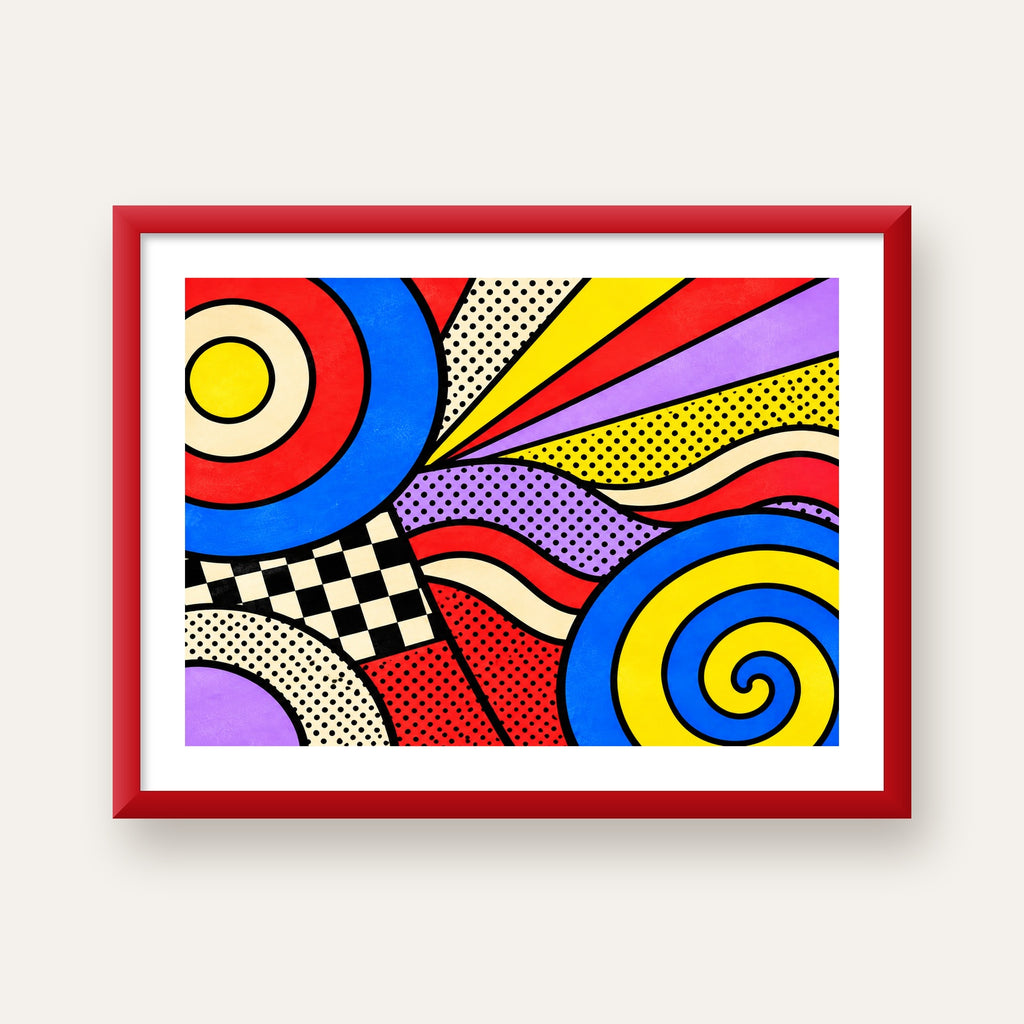 Pop Art Geometrik Desen Poster – Canlı Renkli Modern Duvar Sanatı — kırmızı çerçeveli paspartulu