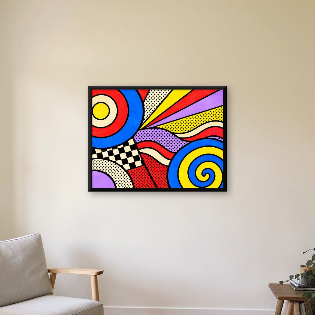 Pop Art Geometrik Desen Poster – Canlı Renkli Modern Duvar Sanatı — Yatay baskı, çerçeveli hâliyle bir ev duvarında