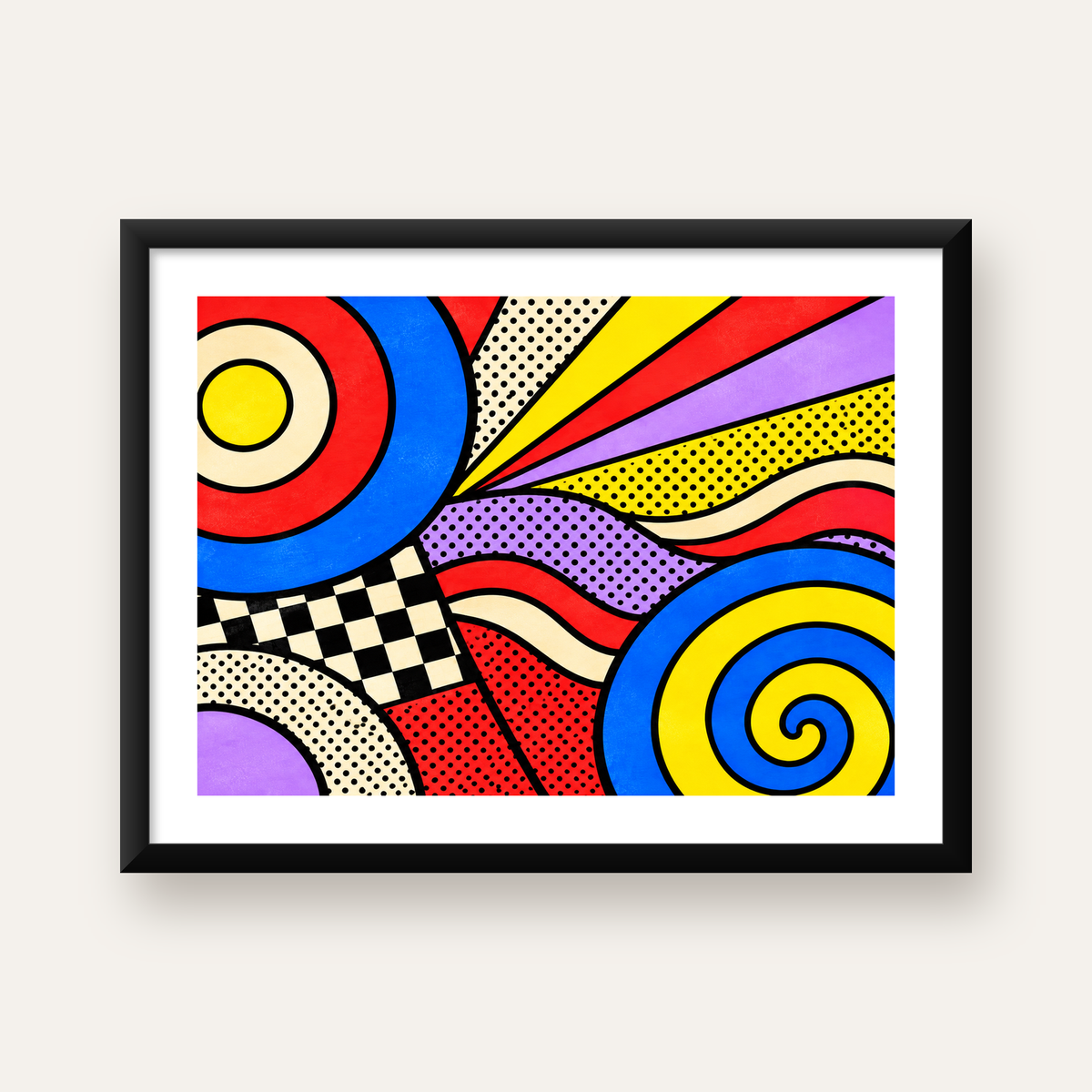 Pop Art Geometrik Desen Poster – Canlı Renkli Modern Duvar Sanatı — Yatay baskı, beyaz paspartulu