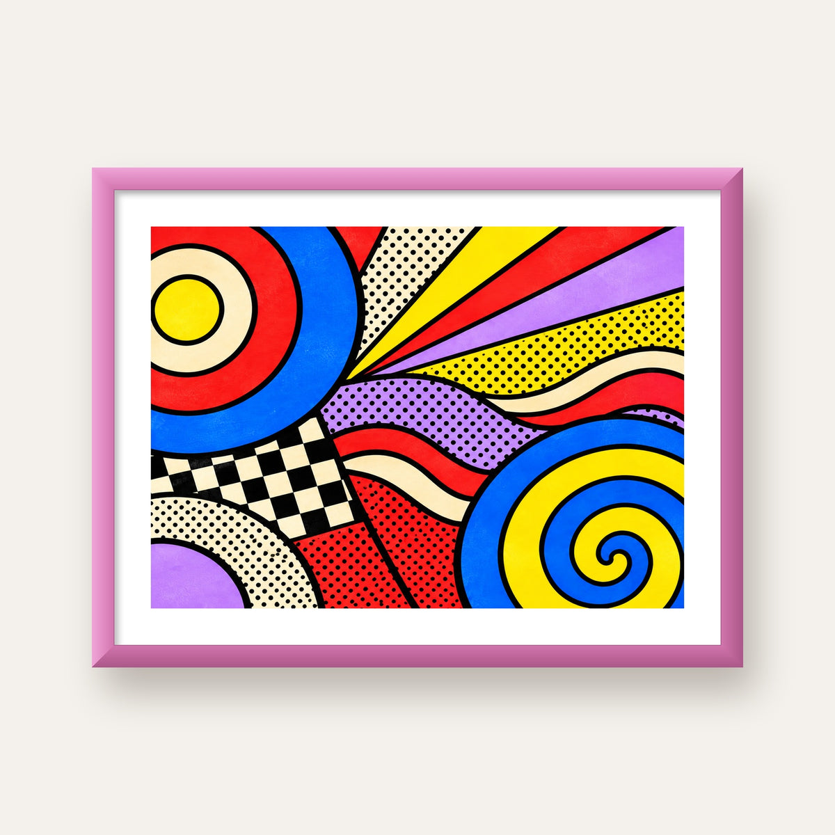 Pop Art Geometrik Desen Poster – Canlı Renkli Modern Duvar Sanatı — pembe çerçeveli paspartulu