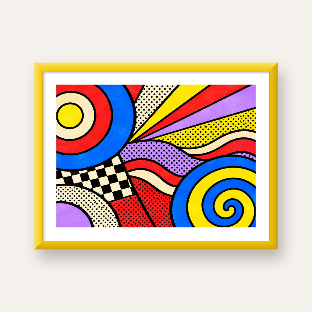 Pop Art Geometrik Desen Poster – Canlı Renkli Modern Duvar Sanatı — sarı çerçeveli paspartulu