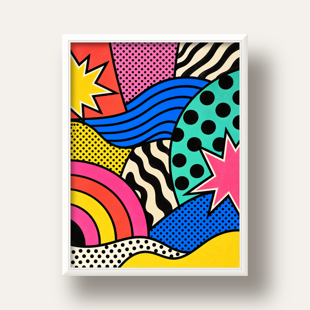 Pop Art Soyut Renkli Poster – Yıldızlı Dalga ve Gökkuşağı Desenleri — beyaz derin çerçeveli
