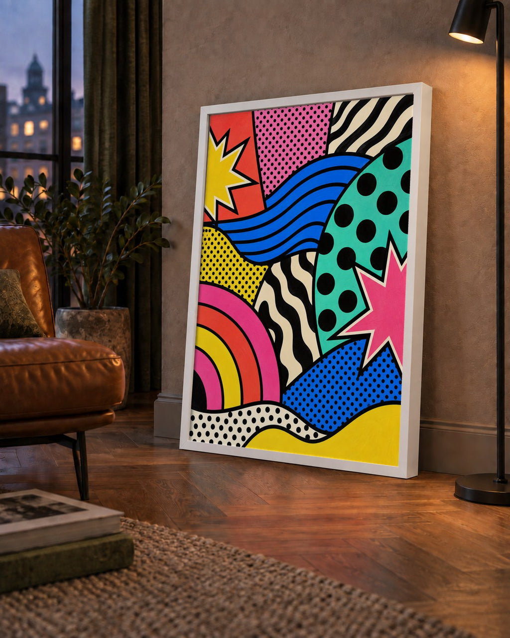 Pop Art Soyut Renkli Poster – Yıldızlı Dalga ve Gökkuşağı Desenleri — çerçeveli hâliyle bir ev duvarında
