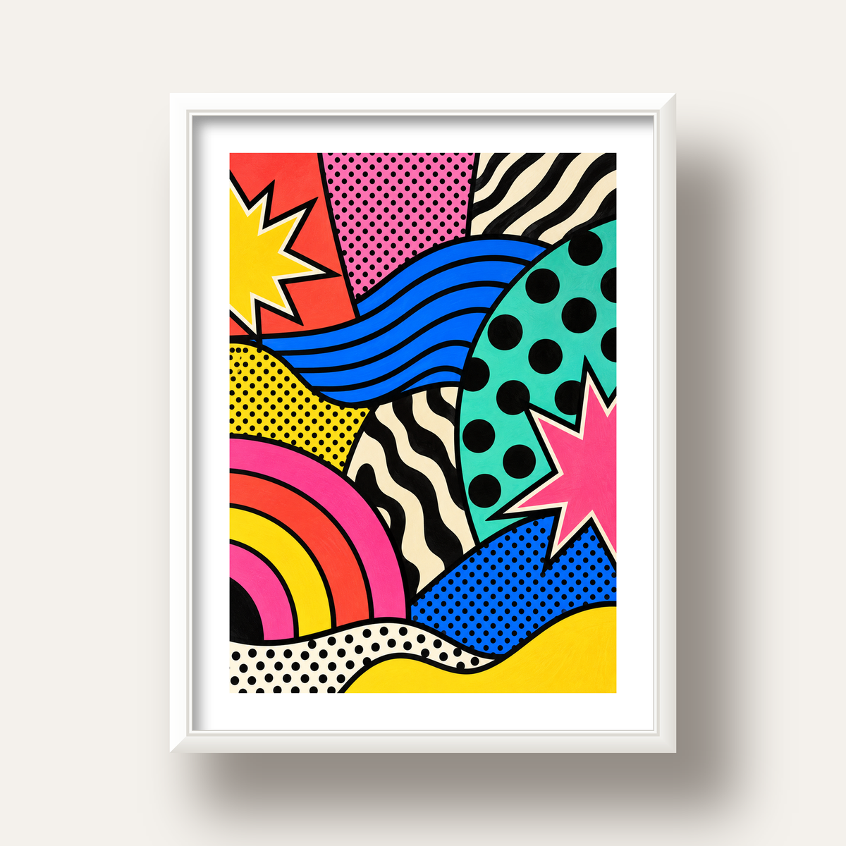 Pop Art Soyut Renkli Poster – Yıldızlı Dalga ve Gökkuşağı Desenleri — beyaz derin çerçeveli paspartulu