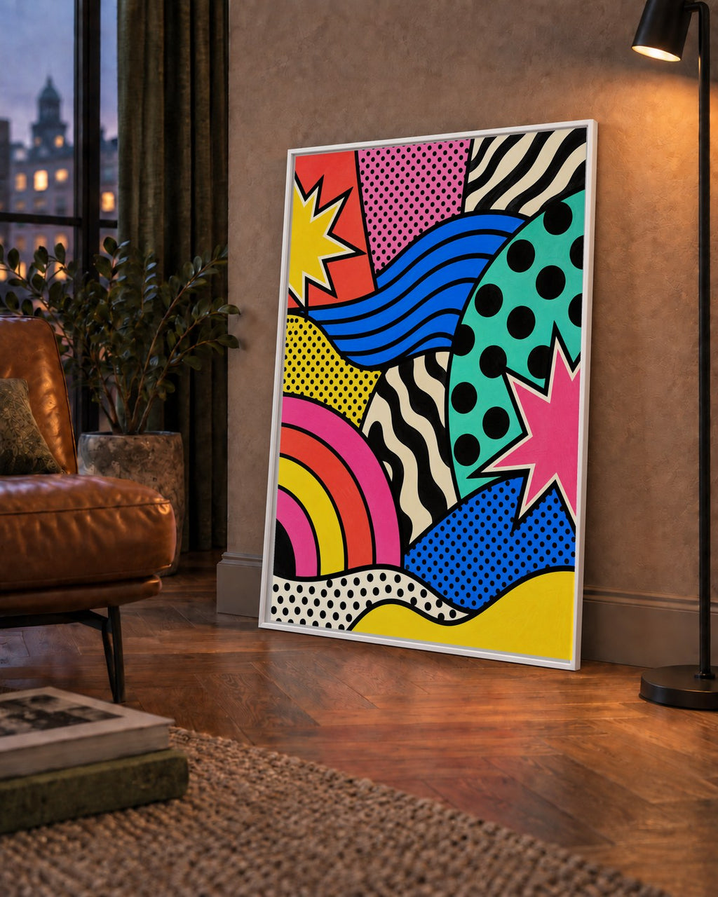 Pop Art Soyut Renkli Poster – Yıldızlı Dalga ve Gökkuşağı Desenleri — çerçeveli hâliyle bir ev duvarında