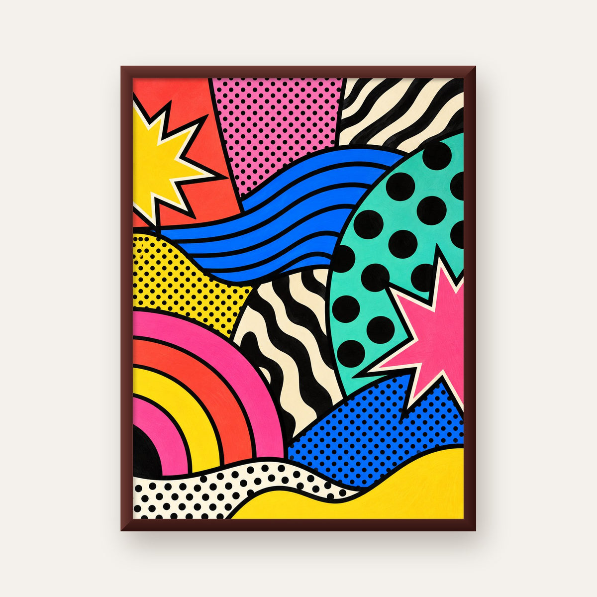 Pop Art Soyut Renkli Poster – Yıldızlı Dalga ve Gökkuşağı Desenleri — ceviz çerçeveli
