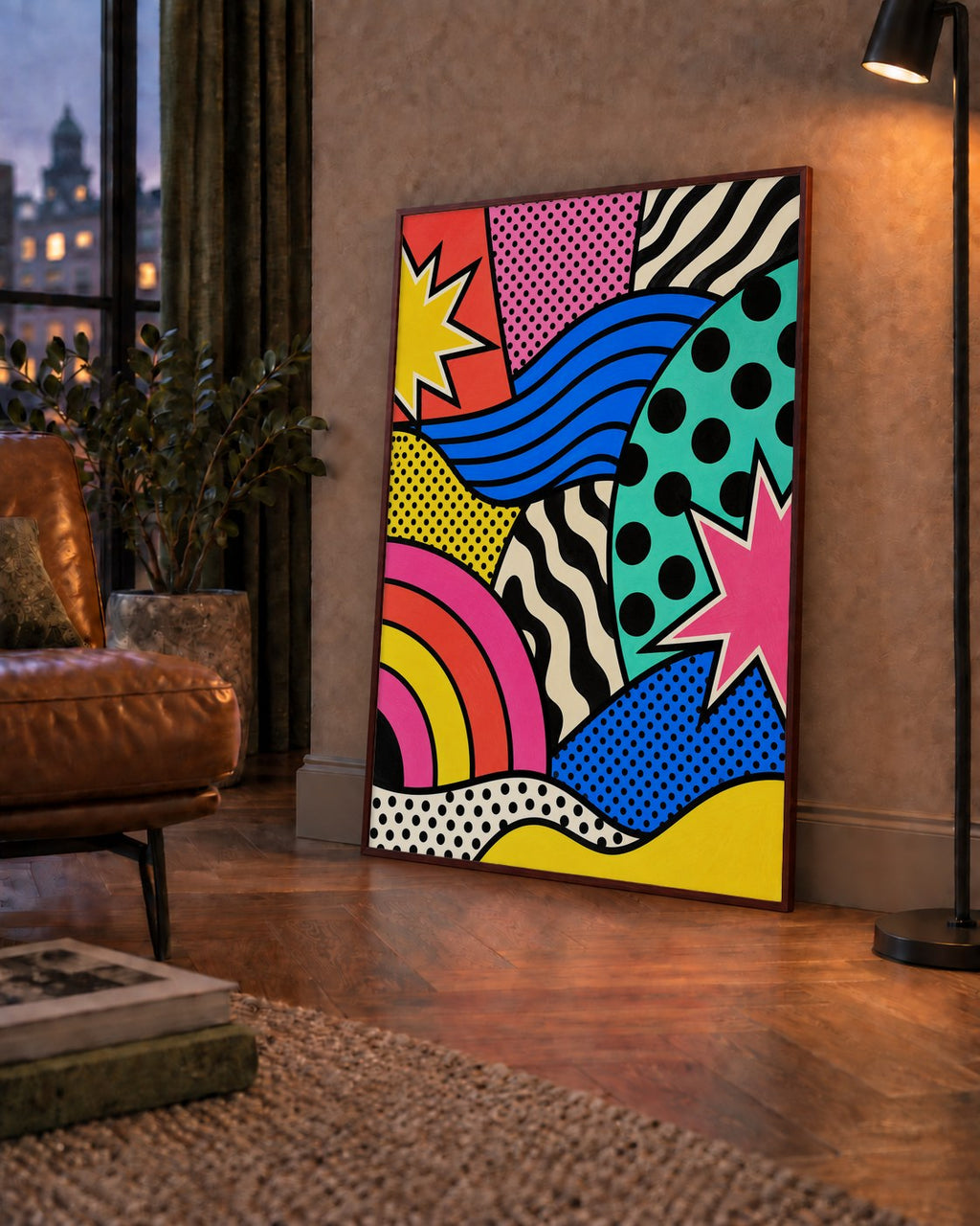 Pop Art Soyut Renkli Poster – Yıldızlı Dalga ve Gökkuşağı Desenleri — çerçeveli hâliyle bir ev duvarında