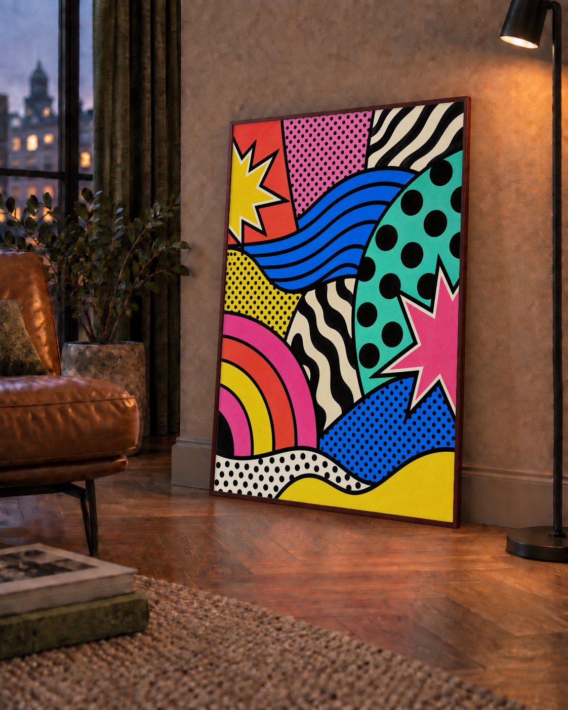 Pop Art Soyut Renkli Poster – Yıldızlı Dalga ve Gökkuşağı Desenleri — çerçeveli hâliyle bir ev duvarında