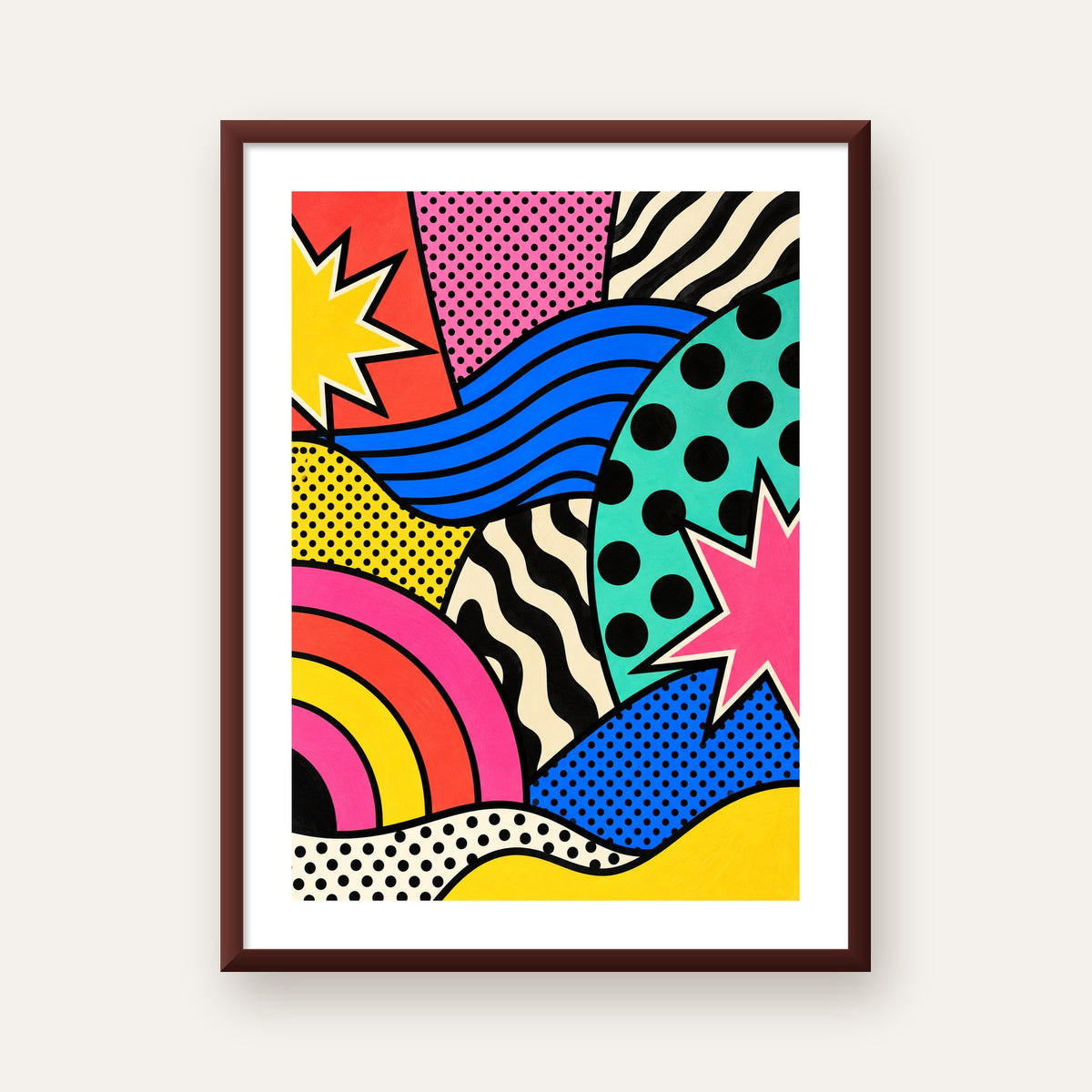 Pop Art Soyut Renkli Poster – Yıldızlı Dalga ve Gökkuşağı Desenleri — ceviz çerçeveli paspartulu