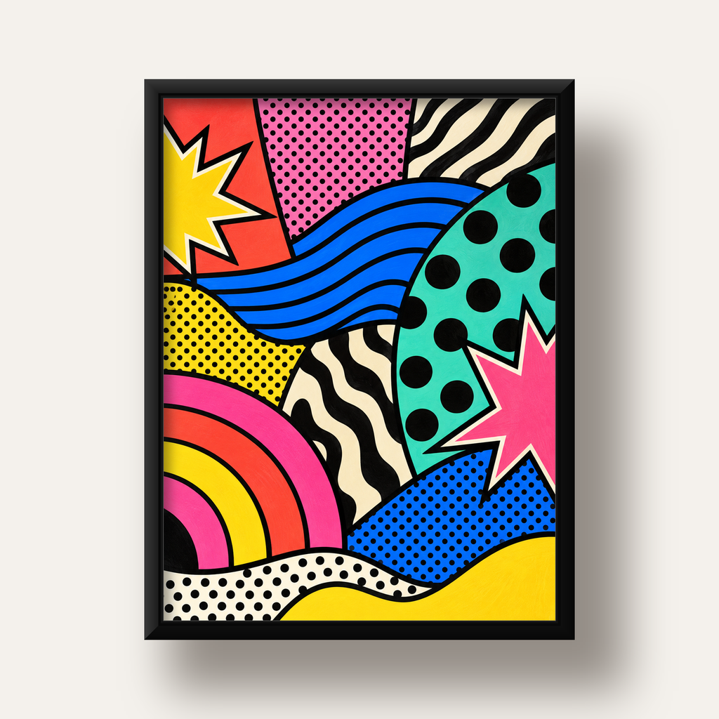 Pop Art Soyut Renkli Poster – Yıldızlı Dalga ve Gökkuşağı Desenleri — siyah derin çerçeveli