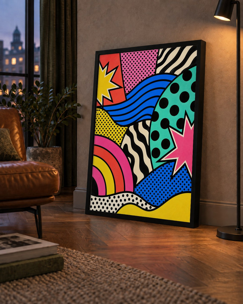 Pop Art Soyut Renkli Poster – Yıldızlı Dalga ve Gökkuşağı Desenleri — çerçeveli hâliyle bir ev duvarında