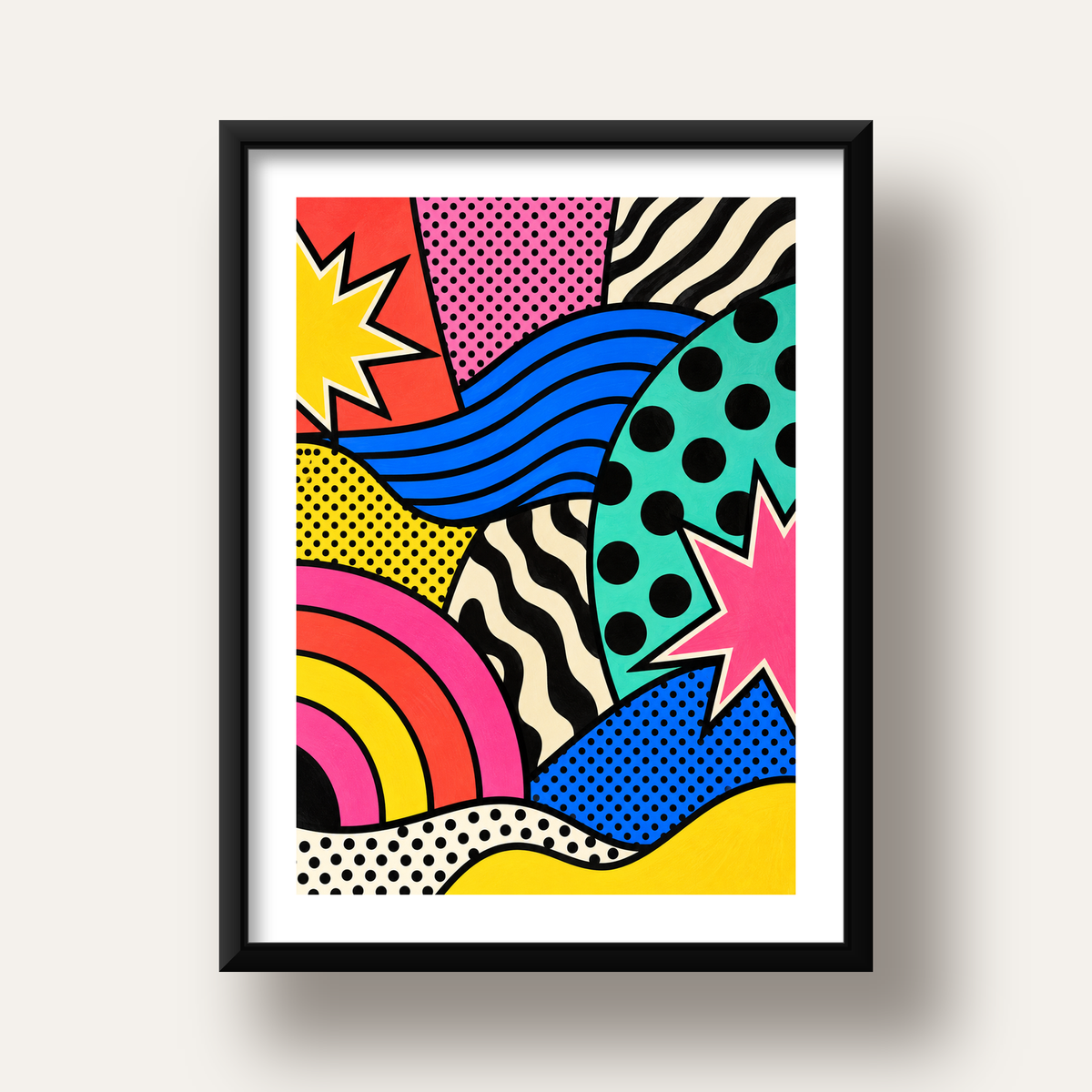 Pop Art Soyut Renkli Poster – Yıldızlı Dalga ve Gökkuşağı Desenleri — siyah derin çerçeveli paspartulu