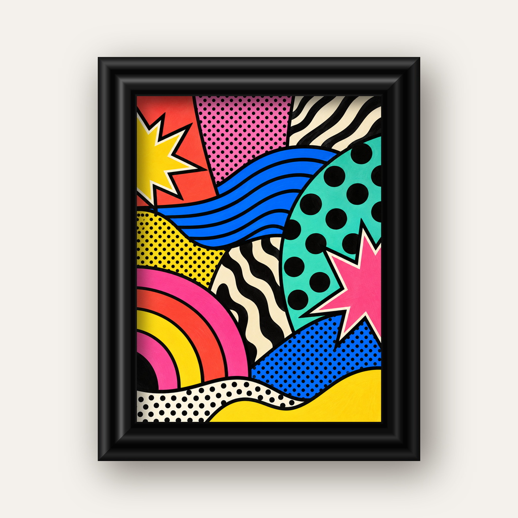 Pop Art Soyut Renkli Poster – Yıldızlı Dalga ve Gökkuşağı Desenleri — siyah galeri çerçeveli
