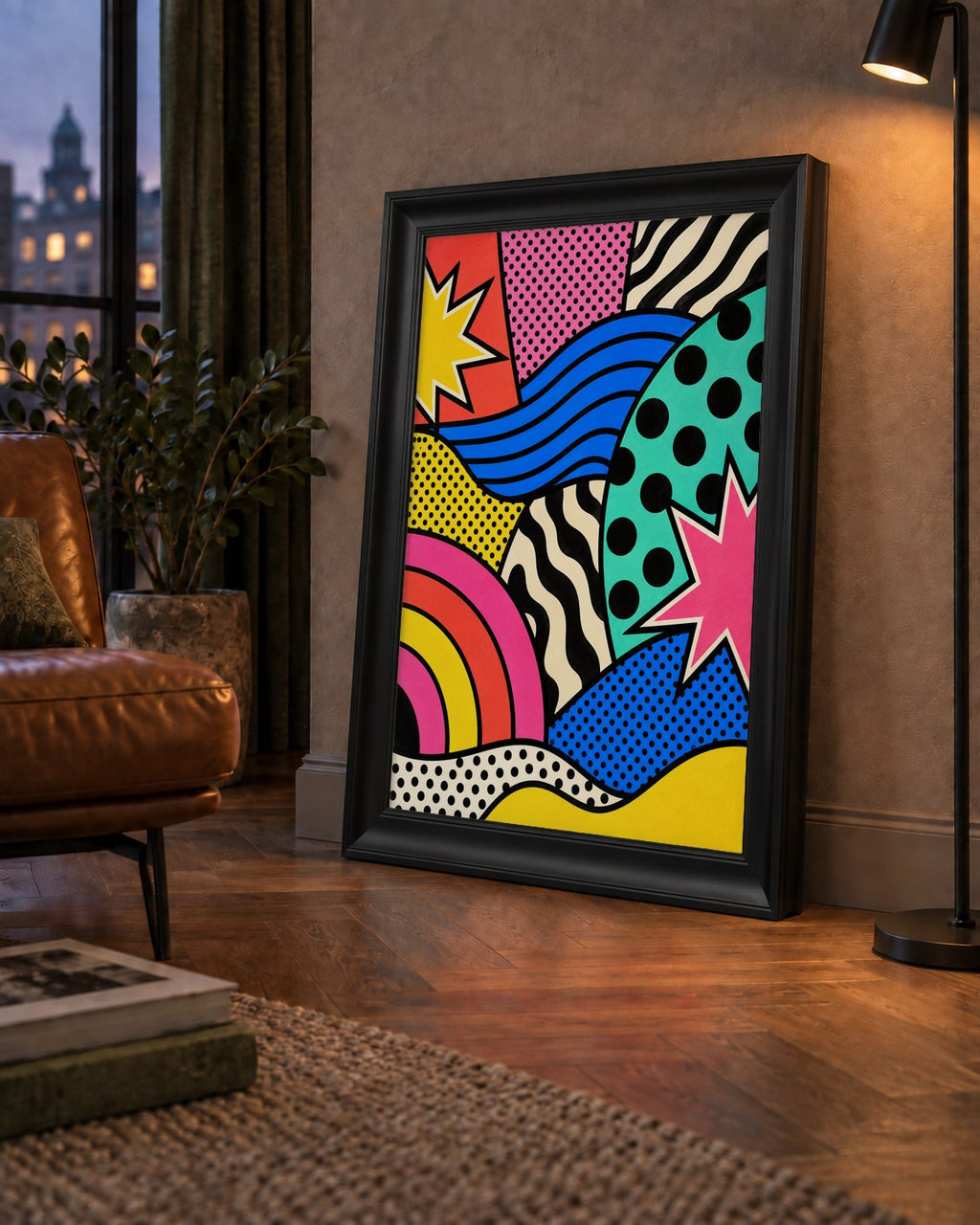 Pop Art Soyut Renkli Poster – Yıldızlı Dalga ve Gökkuşağı Desenleri — çerçeveli hâliyle bir ev duvarında