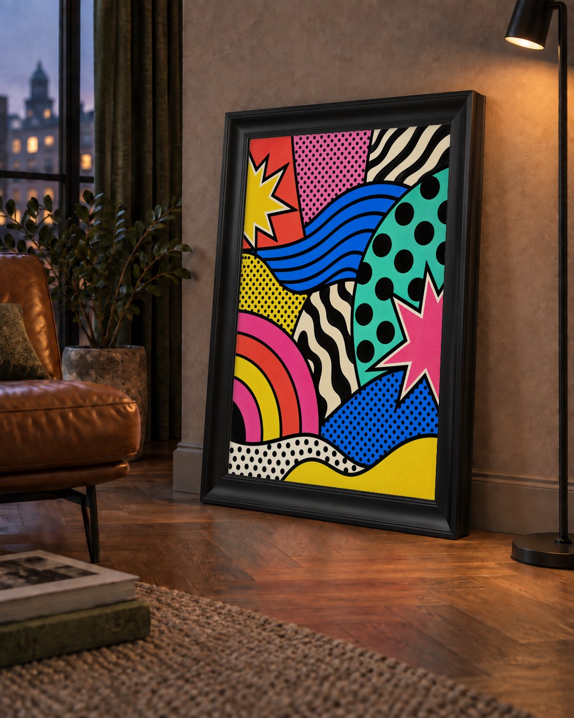 Pop Art Soyut Renkli Poster – Yıldızlı Dalga ve Gökkuşağı Desenleri — çerçeveli hâliyle bir ev duvarında