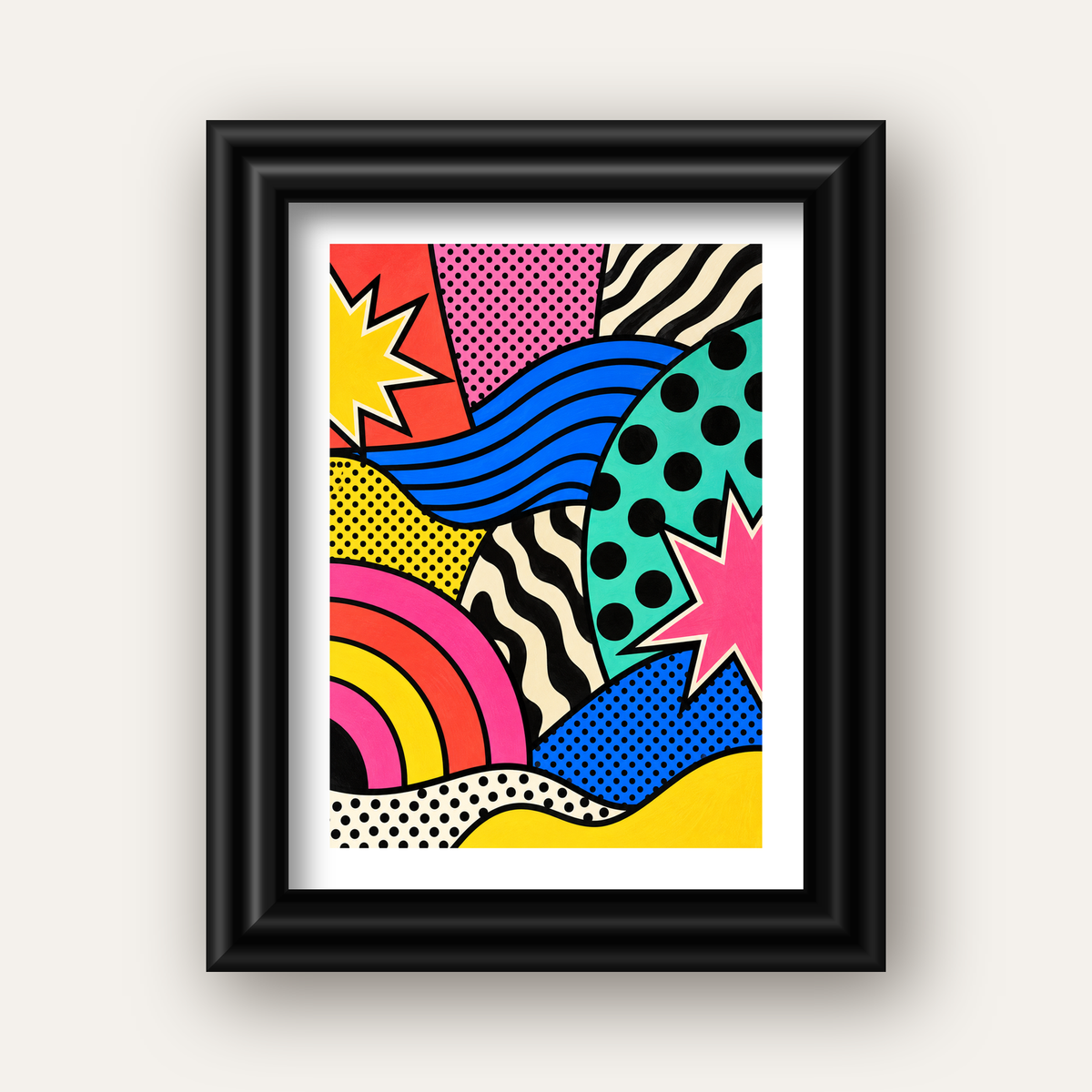 Pop Art Soyut Renkli Poster – Yıldızlı Dalga ve Gökkuşağı Desenleri — siyah galeri çerçeveli paspartulu