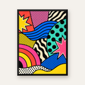 Pop Art Soyut Renkli Poster – Yıldızlı Dalga ve Gökkuşağı Desenleri — Dikey baskı, düz siyah çerçeveli duvar posteri