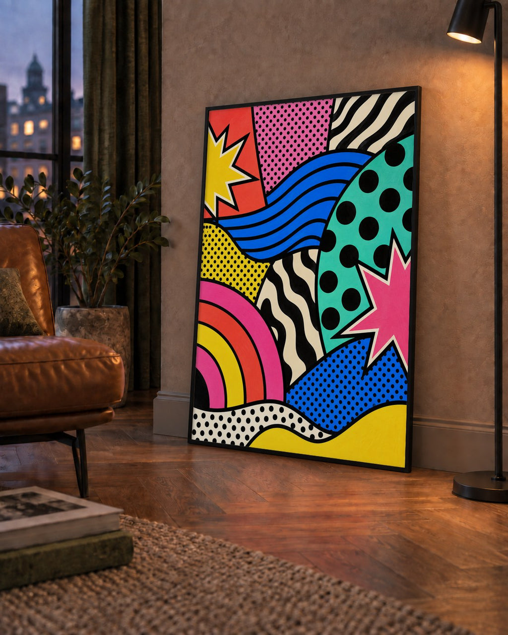 Pop Art Soyut Renkli Poster – Yıldızlı Dalga ve Gökkuşağı Desenleri — çerçeveli hâliyle bir ev duvarında