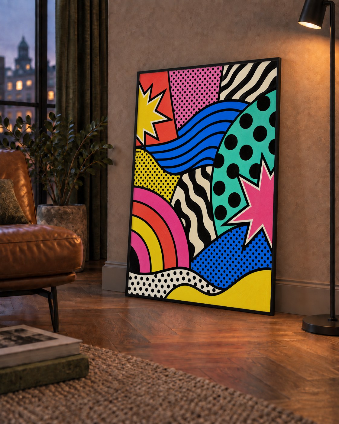 Pop Art Soyut Renkli Poster – Yıldızlı Dalga ve Gökkuşağı Desenleri — çerçeveli hâliyle bir ev duvarında