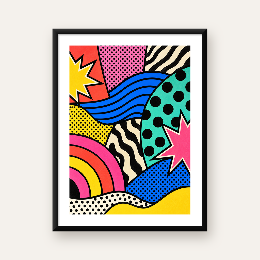 Pop Art Soyut Renkli Poster – Yıldızlı Dalga ve Gökkuşağı Desenleri — Dikey baskı, beyaz paspartulu