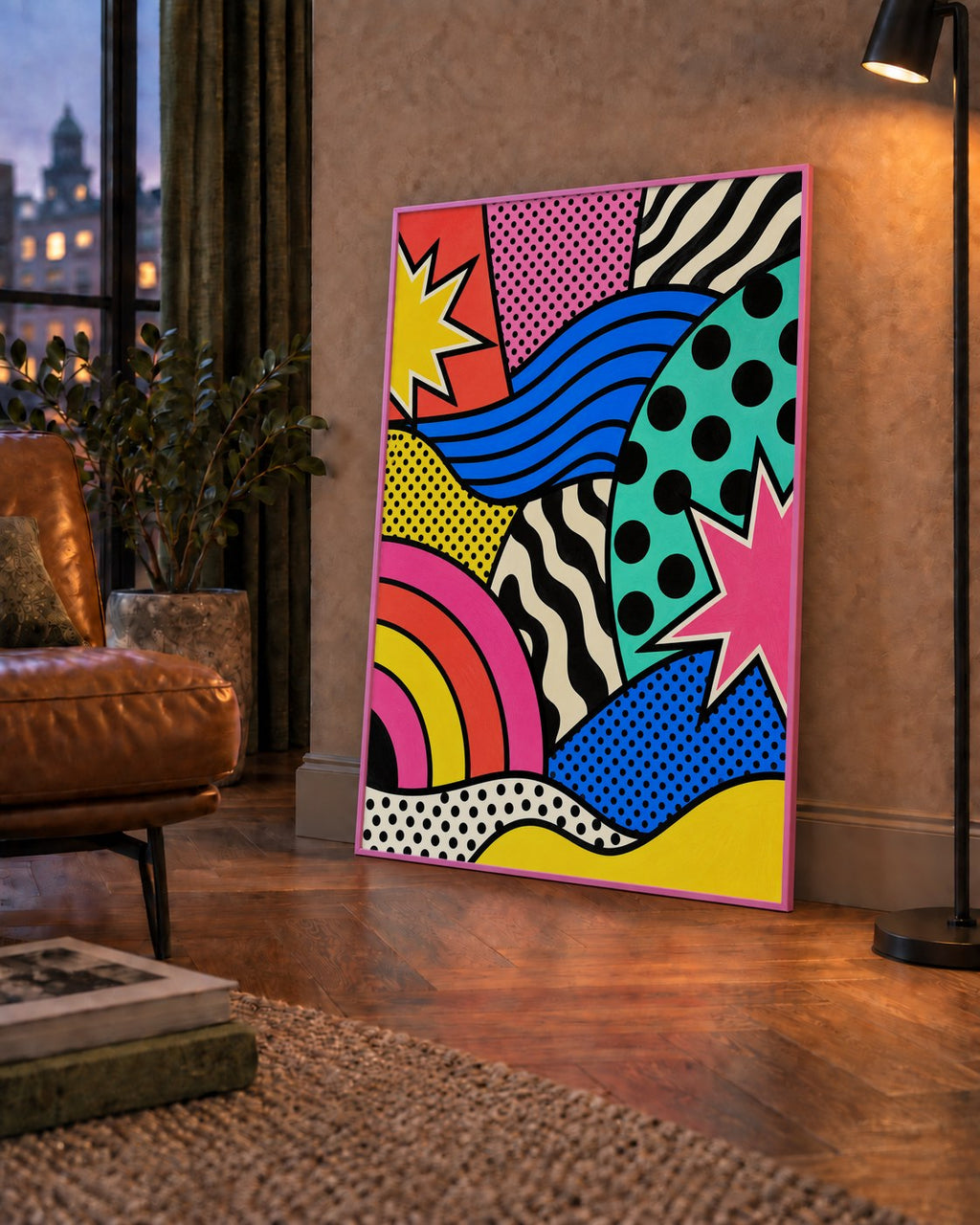Pop Art Soyut Renkli Poster – Yıldızlı Dalga ve Gökkuşağı Desenleri — çerçeveli hâliyle bir ev duvarında