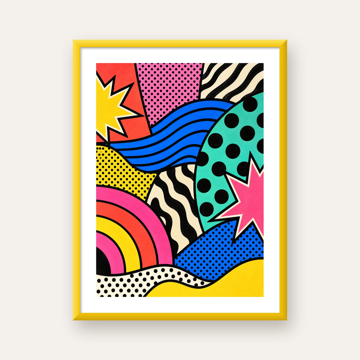 Pop Art Soyut Renkli Poster – Yıldızlı Dalga ve Gökkuşağı Desenleri — sarı çerçeveli paspartulu