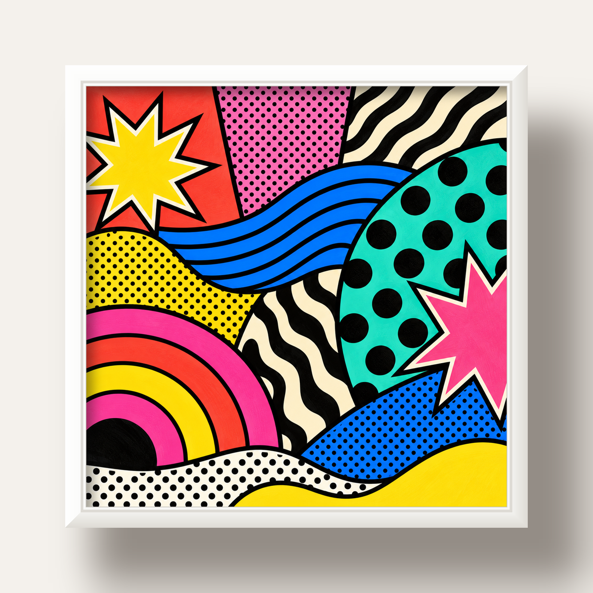 Pop Art Soyut Renkli Poster – Yıldızlı Dalga ve Gökkuşağı Desenleri — beyaz derin çerçeveli