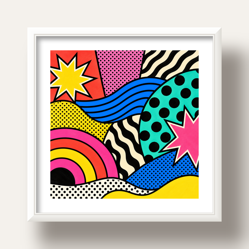Pop Art Soyut Renkli Poster – Yıldızlı Dalga ve Gökkuşağı Desenleri — beyaz derin çerçeveli paspartulu