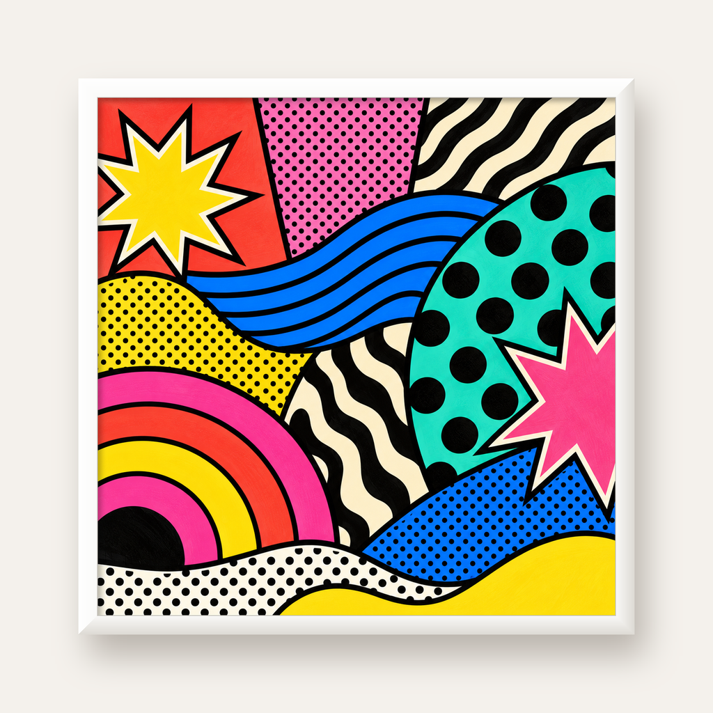 Pop Art Soyut Renkli Poster – Yıldızlı Dalga ve Gökkuşağı Desenleri — beyaz çerçeveli kare poster