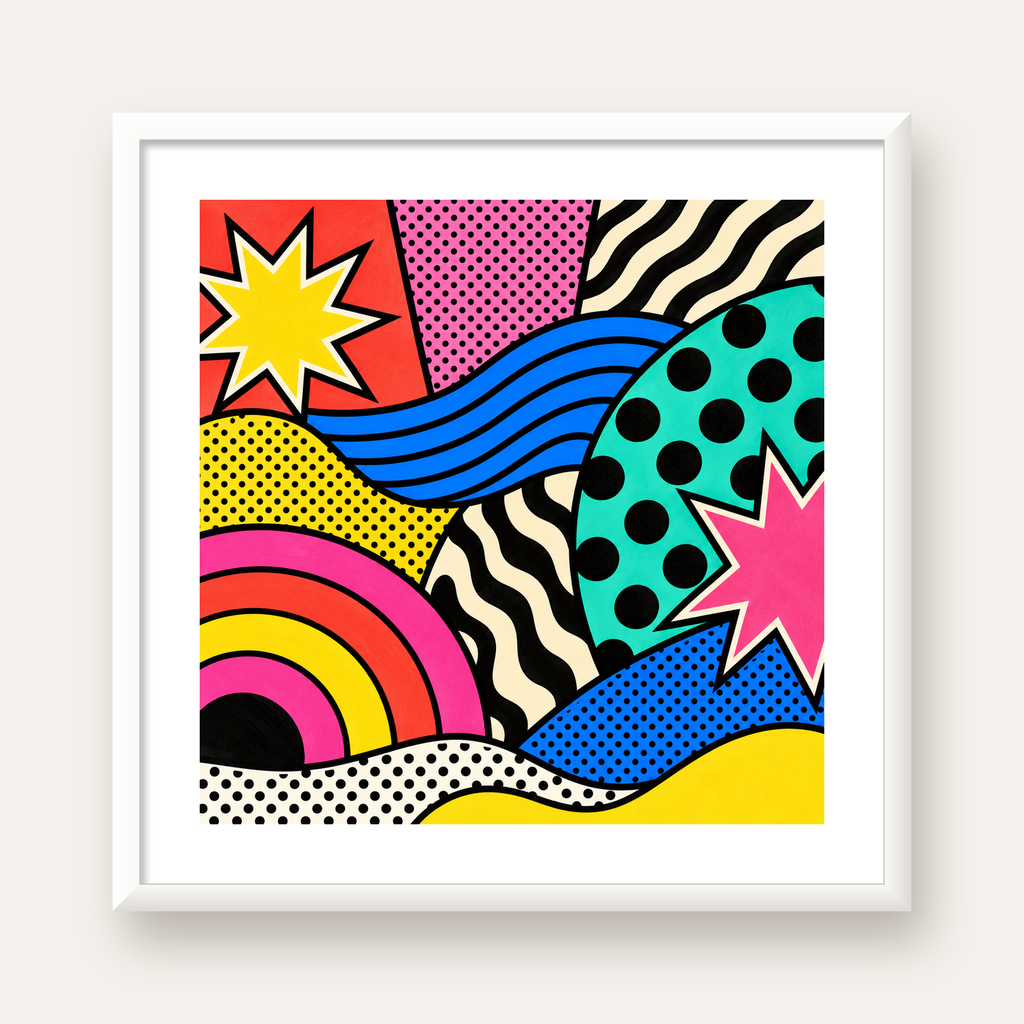Pop Art Soyut Renkli Poster – Yıldızlı Dalga ve Gökkuşağı Desenleri — beyaz çerçeveli kare poster