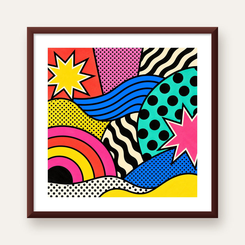 Pop Art Soyut Renkli Poster – Yıldızlı Dalga ve Gökkuşağı Desenleri — ceviz çerçeveli paspartulu