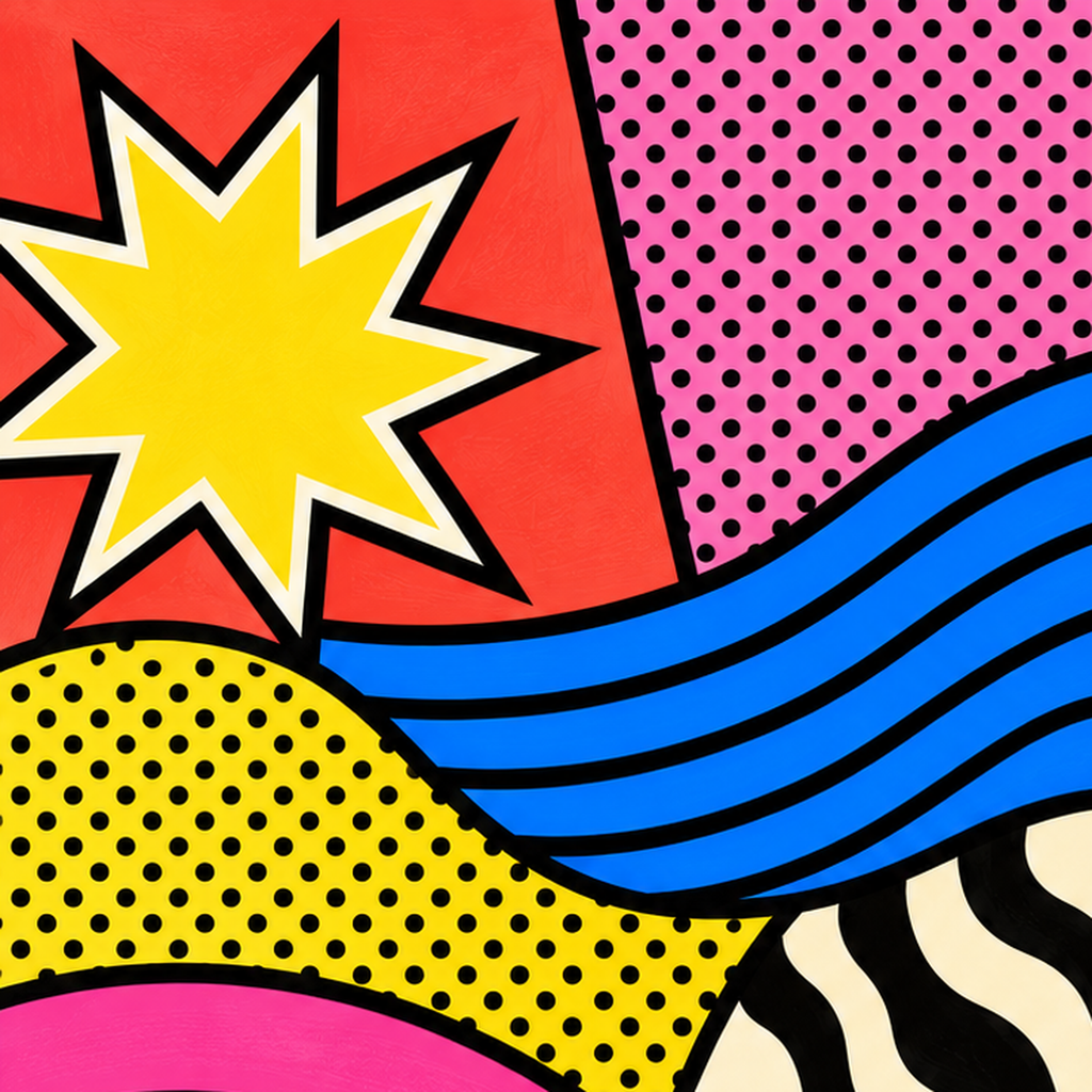 Pop Art Soyut Renkli Poster – Yıldızlı Dalga ve Gökkuşağı Desenleri — baskının yakın çekimi, kâğıt dokusu ve renk detayı